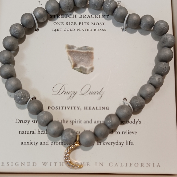LUNA NORTE 14K GOLD PLATED MOON CRYSTAL CHARM W/ DRUSY QUARTZ STRETCH BRACELET - Picture 3 of 9